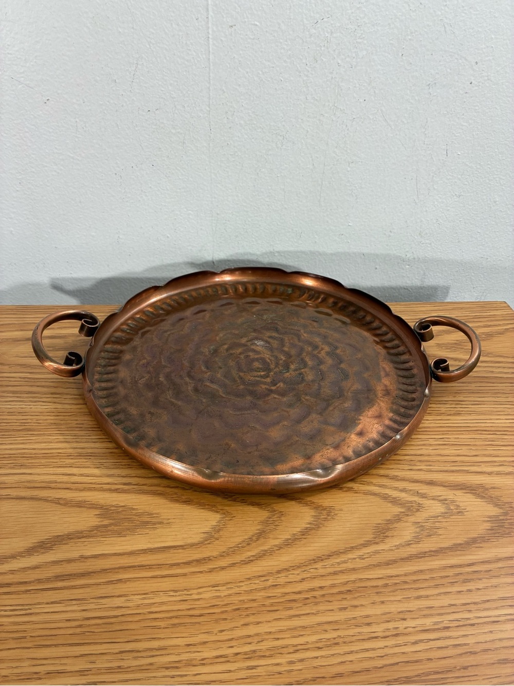 Vintage Gregorian Hammered Copper Round Serving Tray with Handles